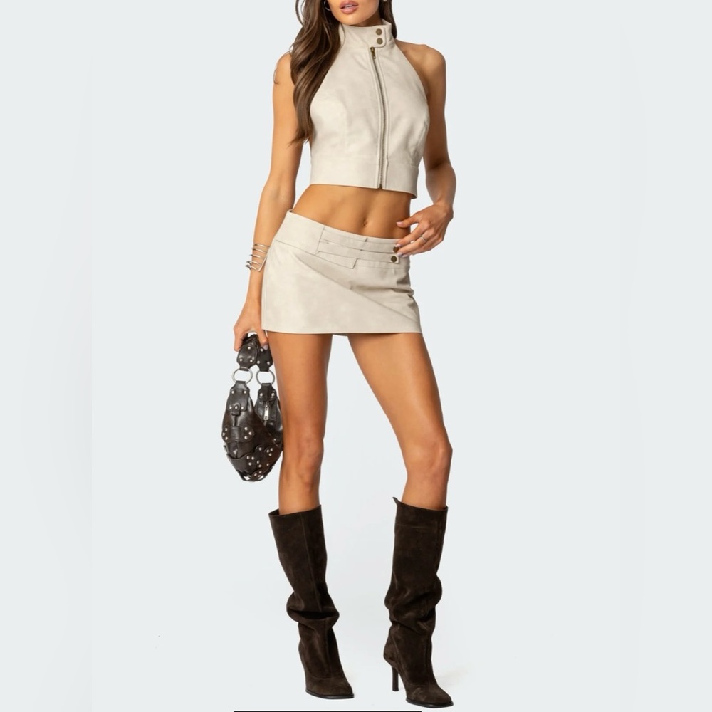 Edikted Cream Suede Halter Crop Top and Mini Skirt Set
